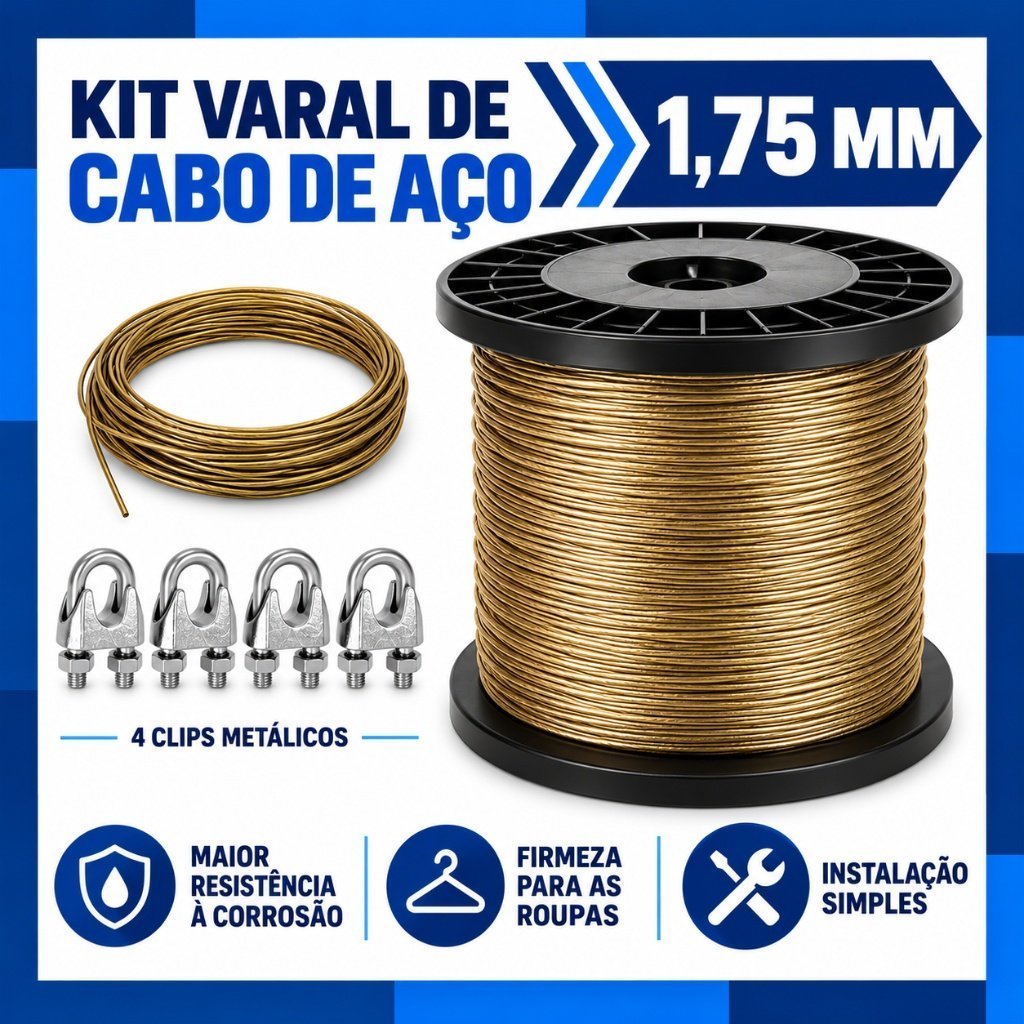 Kit Varal de Cabo de Aço Revestido 1,75mm + 4 Clips Prendedor de Cabo