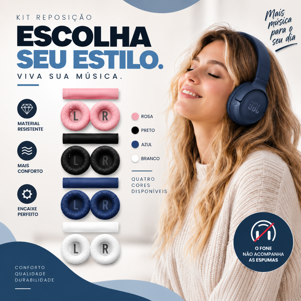 Kit Renova Fone: Almofadas + Arco 10x2cm Compatível com Fone JBL Tune 450 450BT 500 500BT