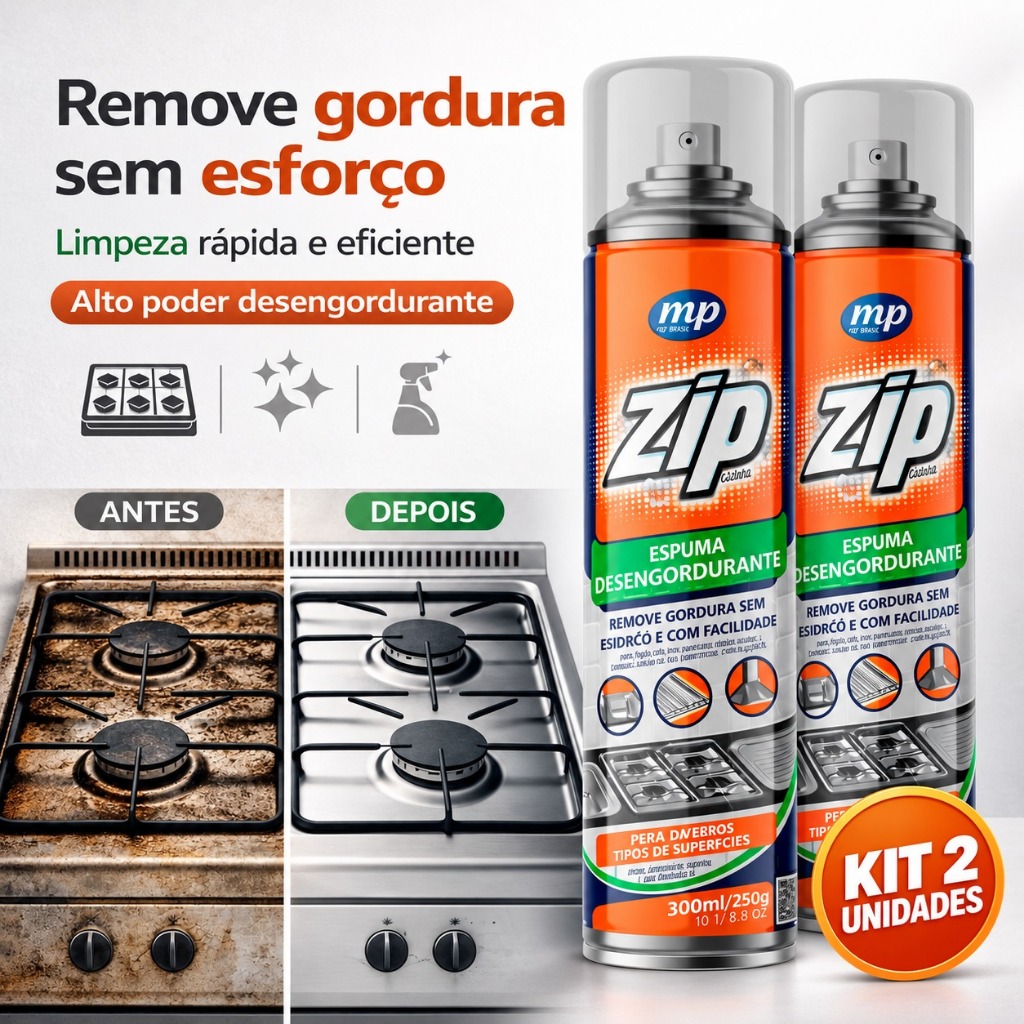 Desengordurante Spray Espuma Zip Clean Limpeza Pesada Cozinha 300ml Limpa Fogão Panelas Alumínios Remove Gordura