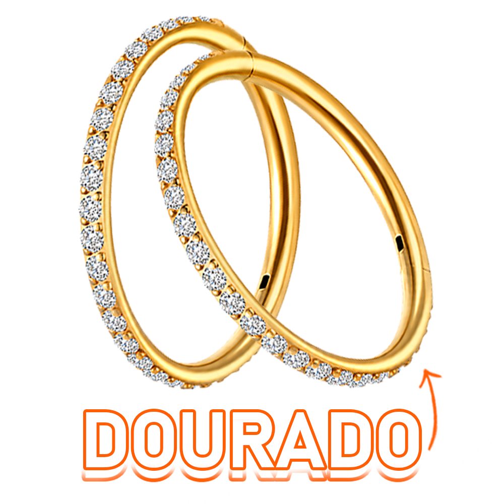 Piercing Argola Click com Zircônia em Aço Cirúrgico, Orelha, Nariz e Septo, Dourado