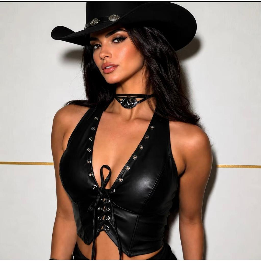 Corset Top cropped Feminino em Couro PU com Costuras Modeladoras e Decote V com Amarração Estilo Boho Chic