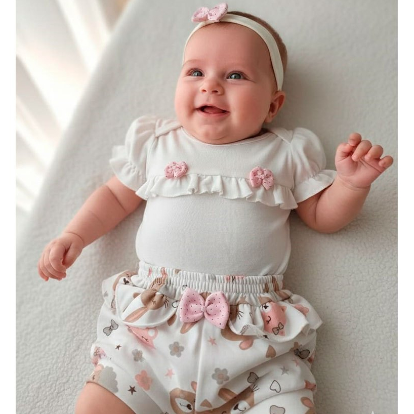 Conjunto Bebê Menina Luxo Body Manga Curta com Shorts Kids Lola Palha P, M e G