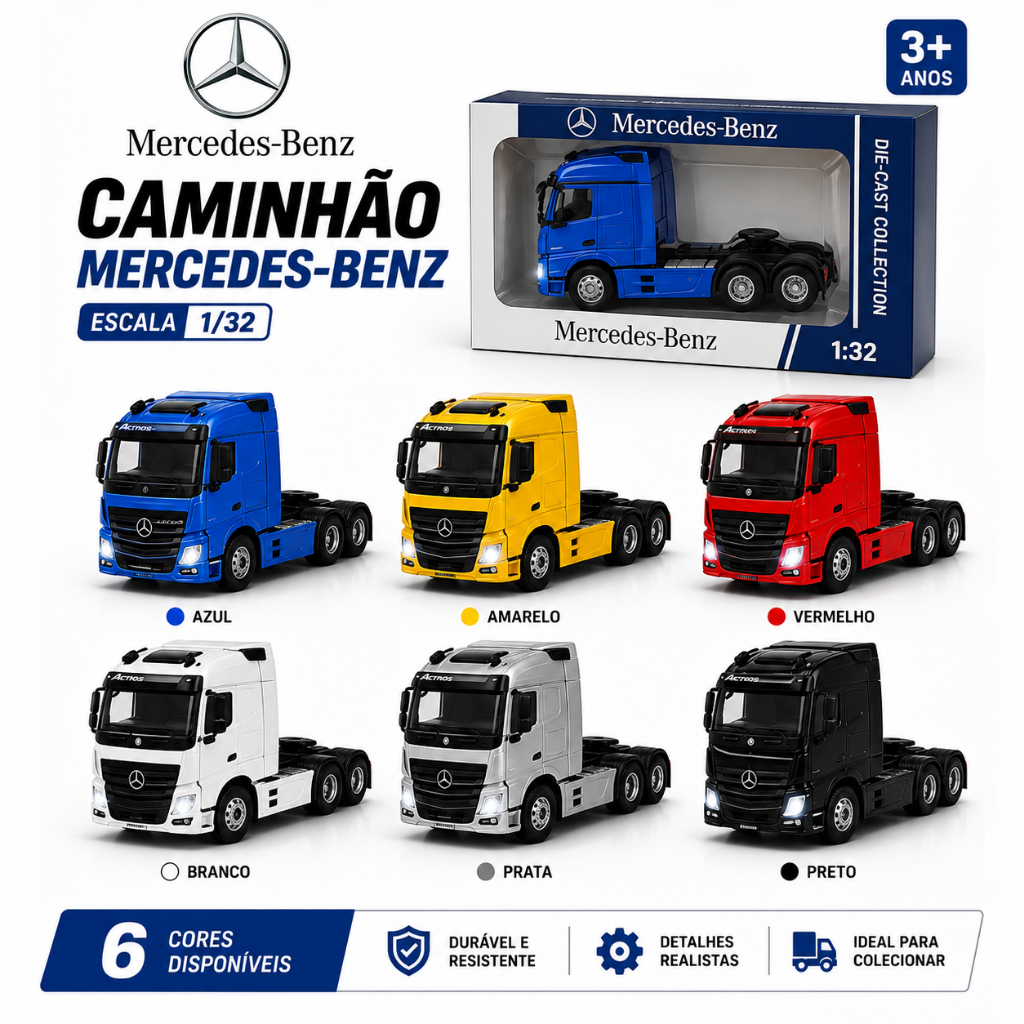 Caminhão Miniatura 1:50 Mercedes-Benz Actros Mini Trucado Som e Luz | Cabine Basculante |Fricção Colecionável