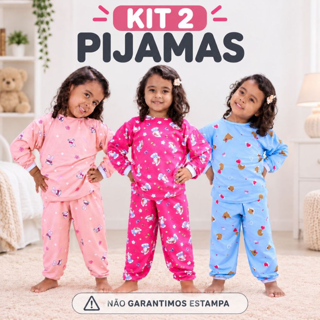 Kit Pijama Sortido Feminino Infantil Longo Suede Menina Inverno Manga Longa Estampado Meia Estação