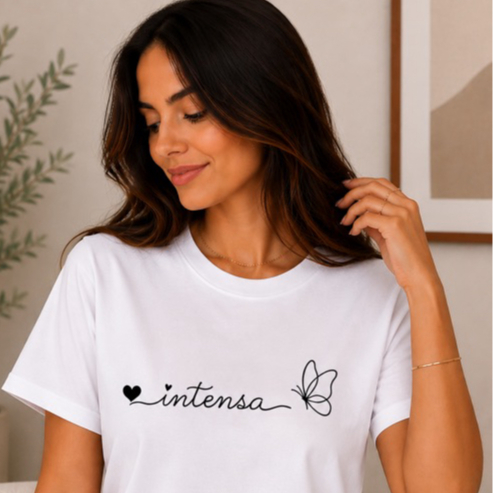 Camiseta Feminina Algodão Estampada Intensa com Borboleta T-Shirt Casual Confortável Algodão