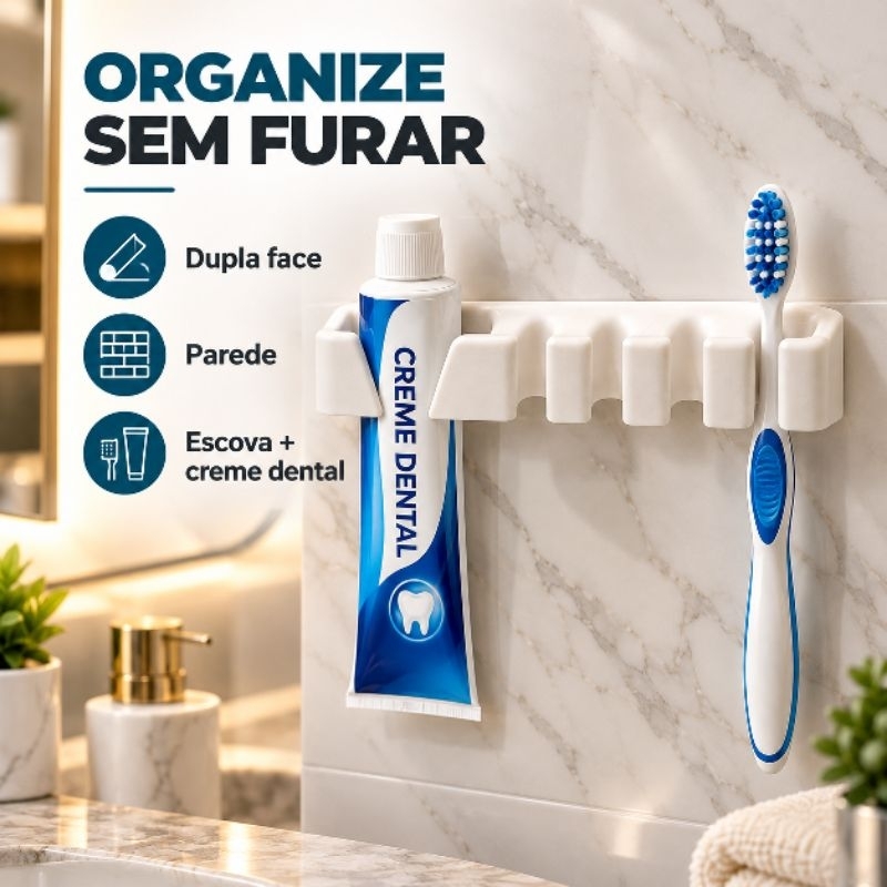 Suporte Escova Dente Parede Sem Furos Organizador 5 Em 1
