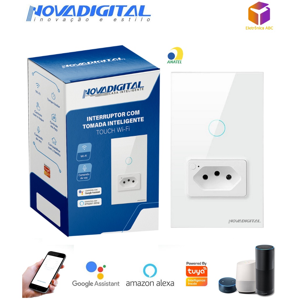 Interruptor Touch Wifi Inteligente com Tomada 1 Botão Smart Alexa Google 4x2 - branco