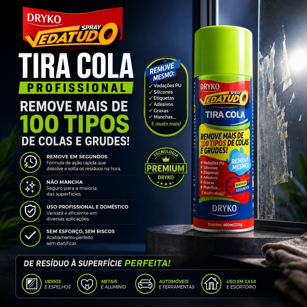 Spray removedor de colas, adesivos e pu transparente 100 ou 400ml Dryko