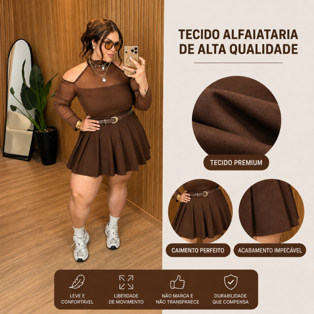 Saia Plus Size Curta Festa Alfaiataria Plissada Elegante GG G1 G2 G3 Com Ziper