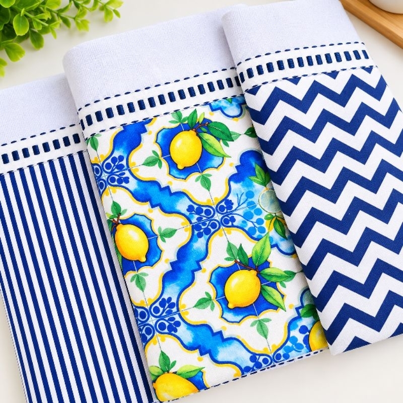 Panos de Prato Premium 100% Algodão – Kit em Azul – Absorvente e Resistente