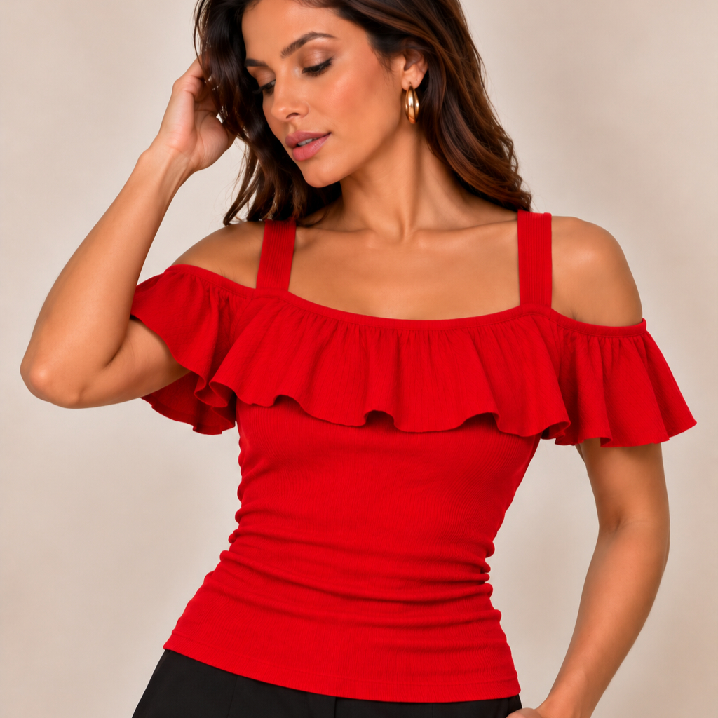 Blusa Feminina Canelada Premium Babado Frontal Ombro Vazado Alcinha Confortável