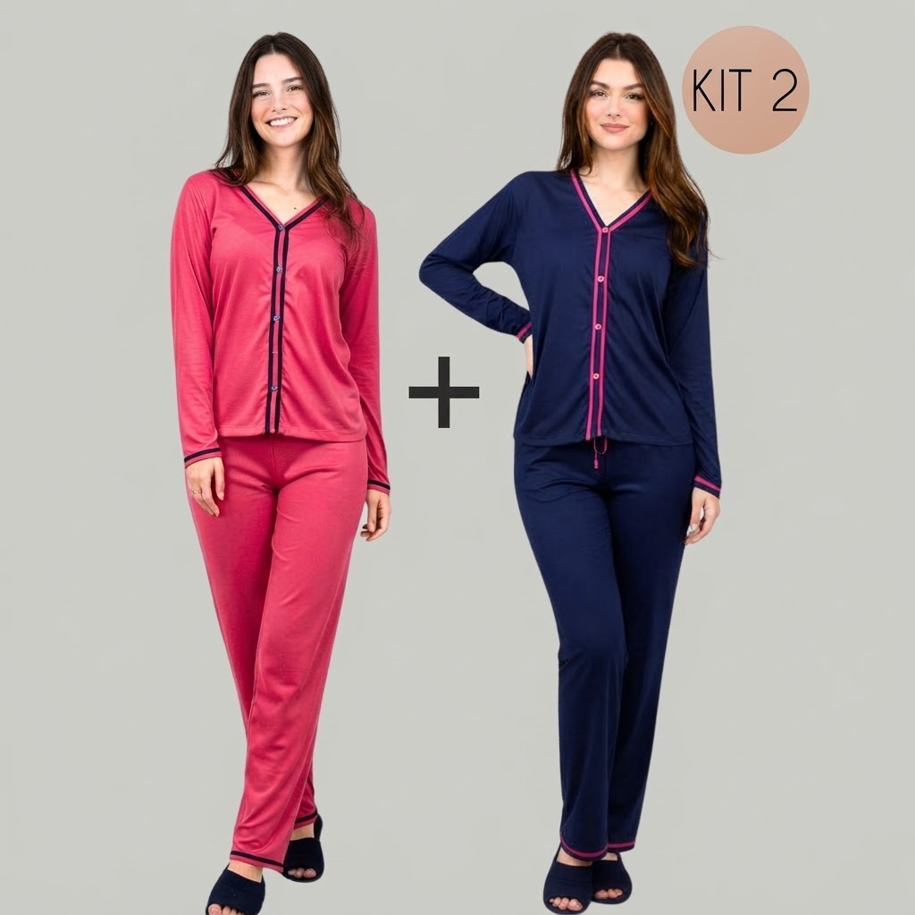 Kit 2 Peças Pijama Longo Inverno Blogueira Malha Botão Amamentação Cirúrgico