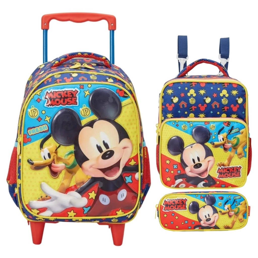 Kit Mochila de Carrinho Escolar Infantil + Lancheira Térmica + Estojo Xeryus Mickey