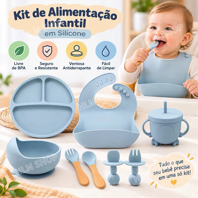 Introdução Alimentar Bebê Kit 8 Peças Silicone Prato Divisórias Tigela Copo Talheres Babador