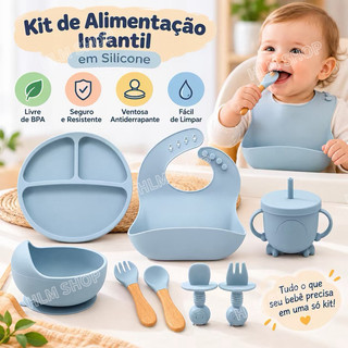 Introdução Alimentar Bebê Kit 8 Peças Silicone Prato Divisórias Tigela Copo Talheres Babador