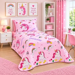 Kit Cobre Leito Infantil Matelado Dupla Face Estampas Temáticas 1,50m x 2,40m + Fronha