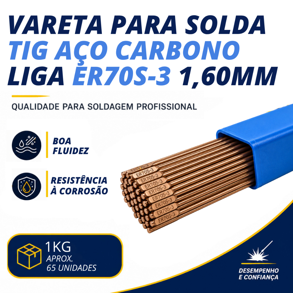 1kg Vareta Tig Aço Carbono 70s-3 (1,60mm) 1/16'' Soldaforte