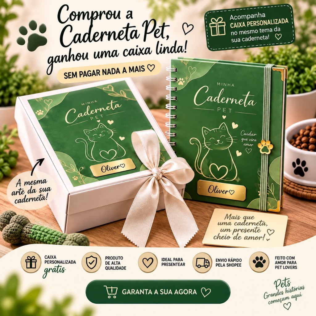 Caderneta Pet Premium Personalizada com Nome e Caixa | Saúde, Vacinas e Memórias para Cães e Gatos