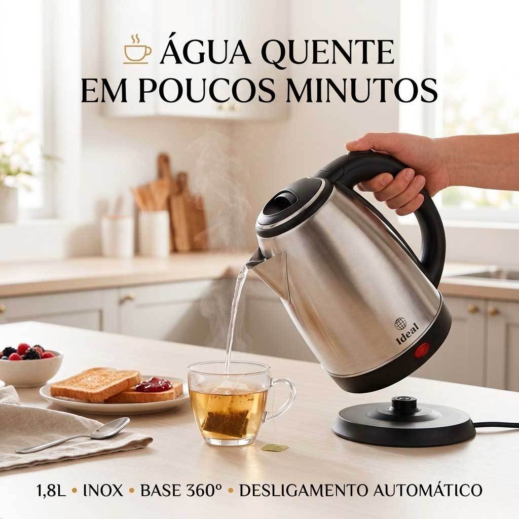 Chaleira Elétrica Inox 1,8L Desligamento Automático Base 360 Aquecimento Rápido Pratica Premium