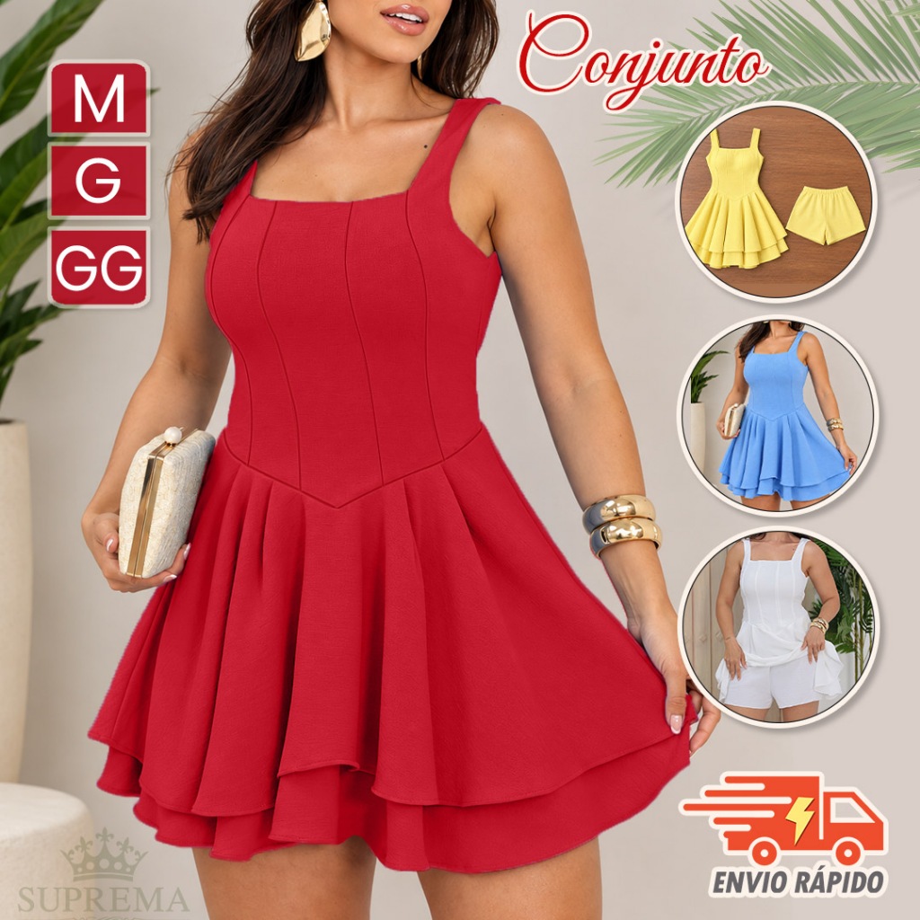 Macaquinho Vestido Feminino Curto Rodado | Alça Larga Decote Reto Moda Verão Casual Festa