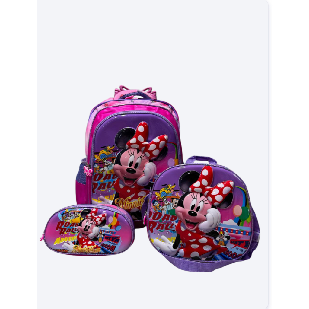Kit Mochila Minnie Mouse Infantil Rodinhas Escolar Com Lancheira Térmica e Estojo Menina Volta às Aulas
