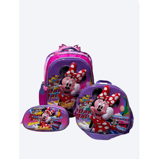Kit Mochila Minnie Mouse Infantil Rodinhas Escolar Com Lancheira Térmica e Estojo Menina Volta às Aulas