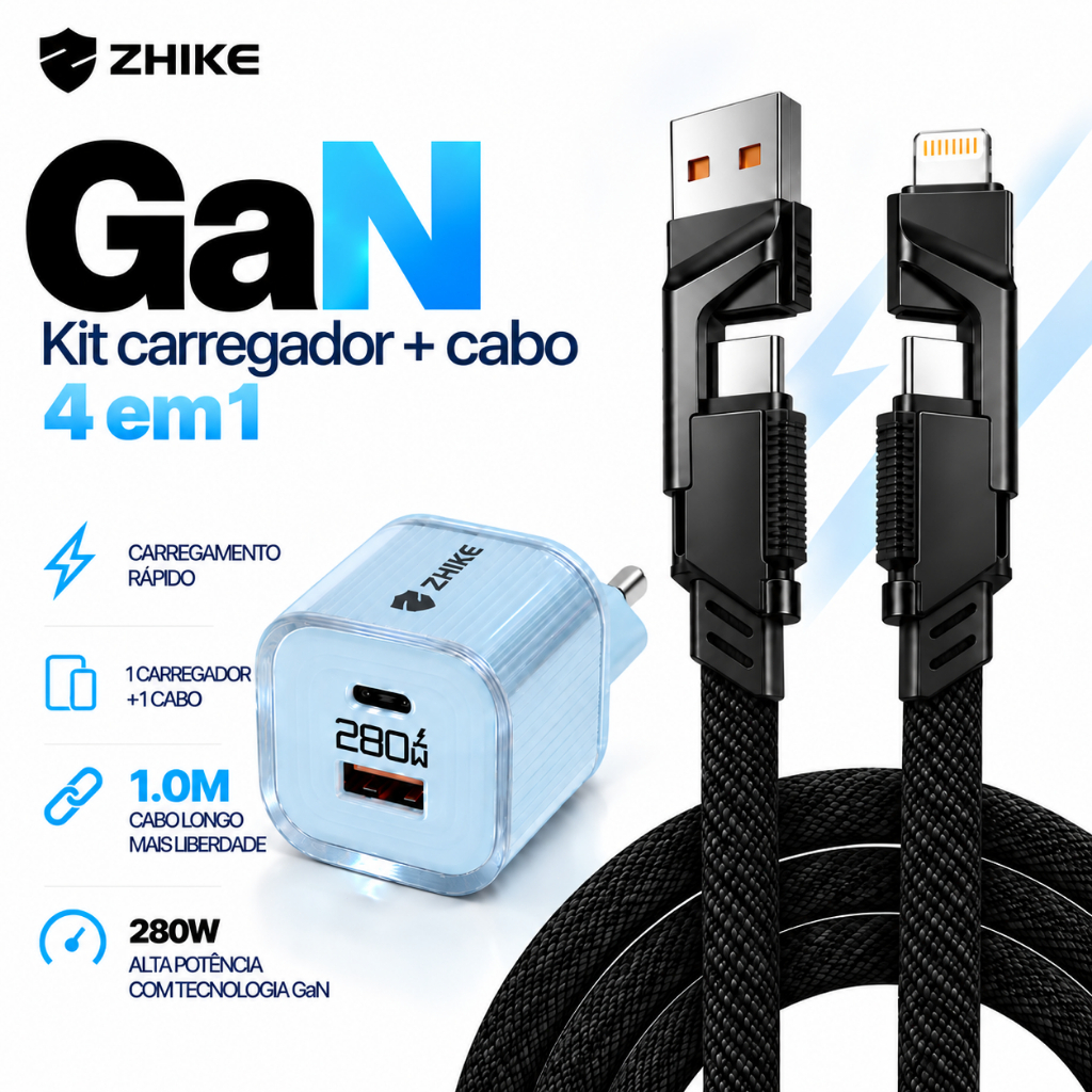 Kit Cabo Carregador Carregamento Rápido ZHIKE Adaptador GaN 4 em 1 Tipo C iP 1M Nylon Trançado Universal Dados