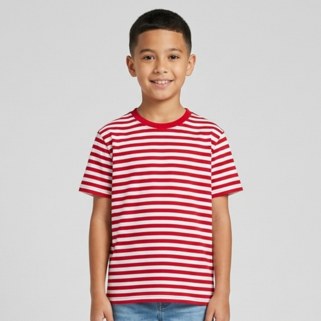 CAMISETA INFANTIL MENINO E MENINA LISTRADA VERMELHA E BRANCO MANGA CURTA