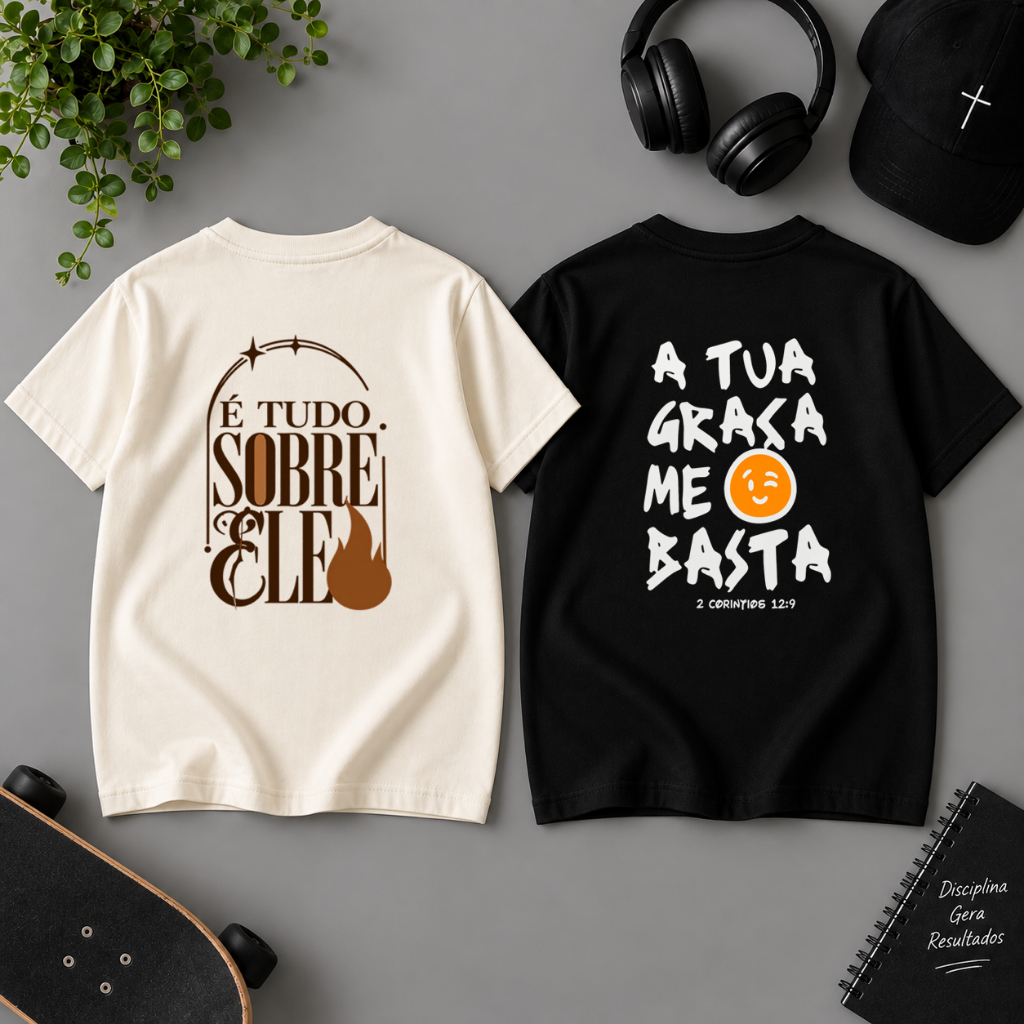 Kit 2 Camisetas Infantis Estampa Religiosa A Tua Graça Me Basta/ É Tudo Sobre Ele Crianças