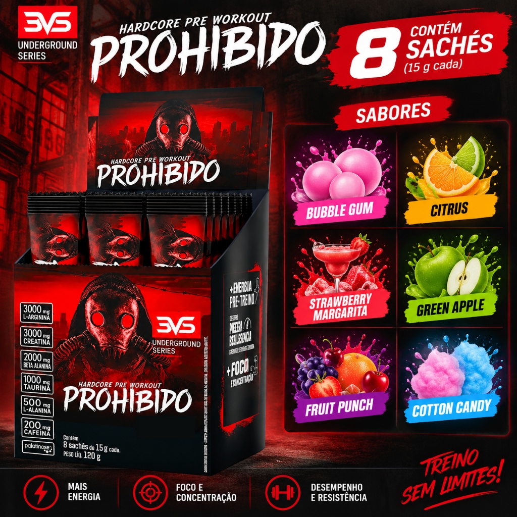Prohibido Pré Treino - Kit 8 Unid x 15g Sachês Vários Sabores - 3VS (Mais Força e Desempenho)