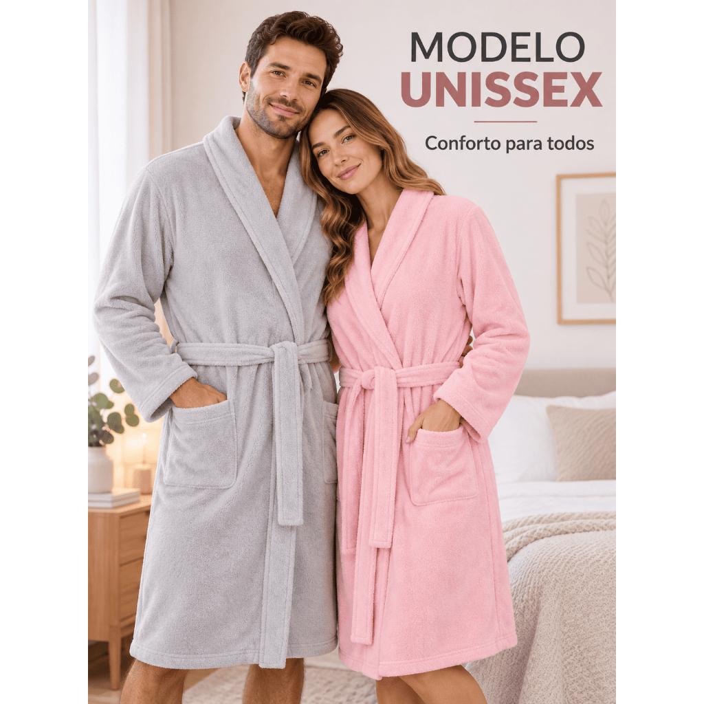 Roupão Adulto Unissex Microfibra Super Macio Inverno com Cinto e Bolsos Feminino Masculino Várias Cores Quente M G Longo