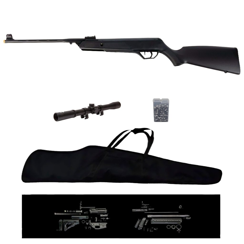 Carabina de Pressão AG12 Mola Preta 5.5mm - CBC + Capa + Chumbo + Luneta 4x20 + Gun Pad