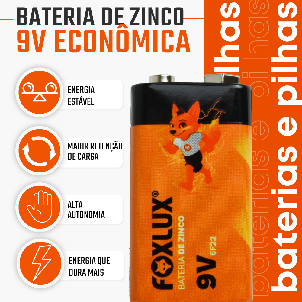 Pilha Bateria 9V 6F22 Foxlux Zinco Econômica 1 Unidade