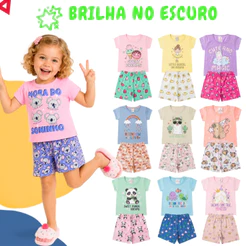 Kit 4 Peças Pijama Infantil Menina Brilha no Escuro Verão Roupa Infantil Feminino