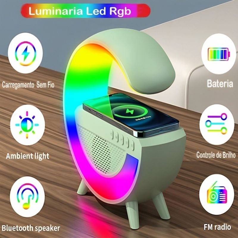 🧊 3 em 1 Caixa de Som Bluetooth 5.3 com Luminária LED RGB Relógio Despertador e Carregador Sem Fio 10W