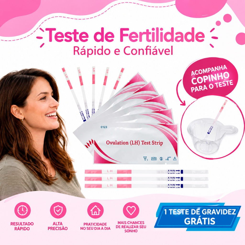 Teste de Ovulação LH Detecta Fertilidade + 1 Teste de Gravidez Grátis com Copinho