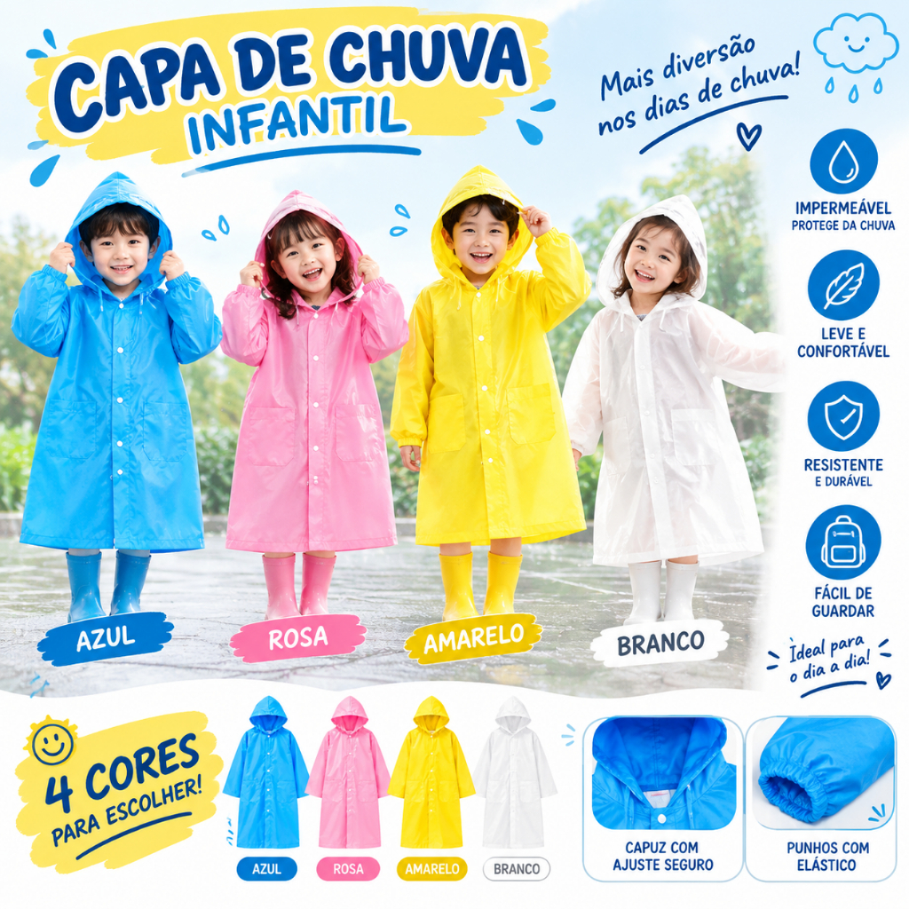 Capa de Chuva Infantil PEVA Impermeável com Capuz Unissex Leve e Reutilizável Proteção para Crianças