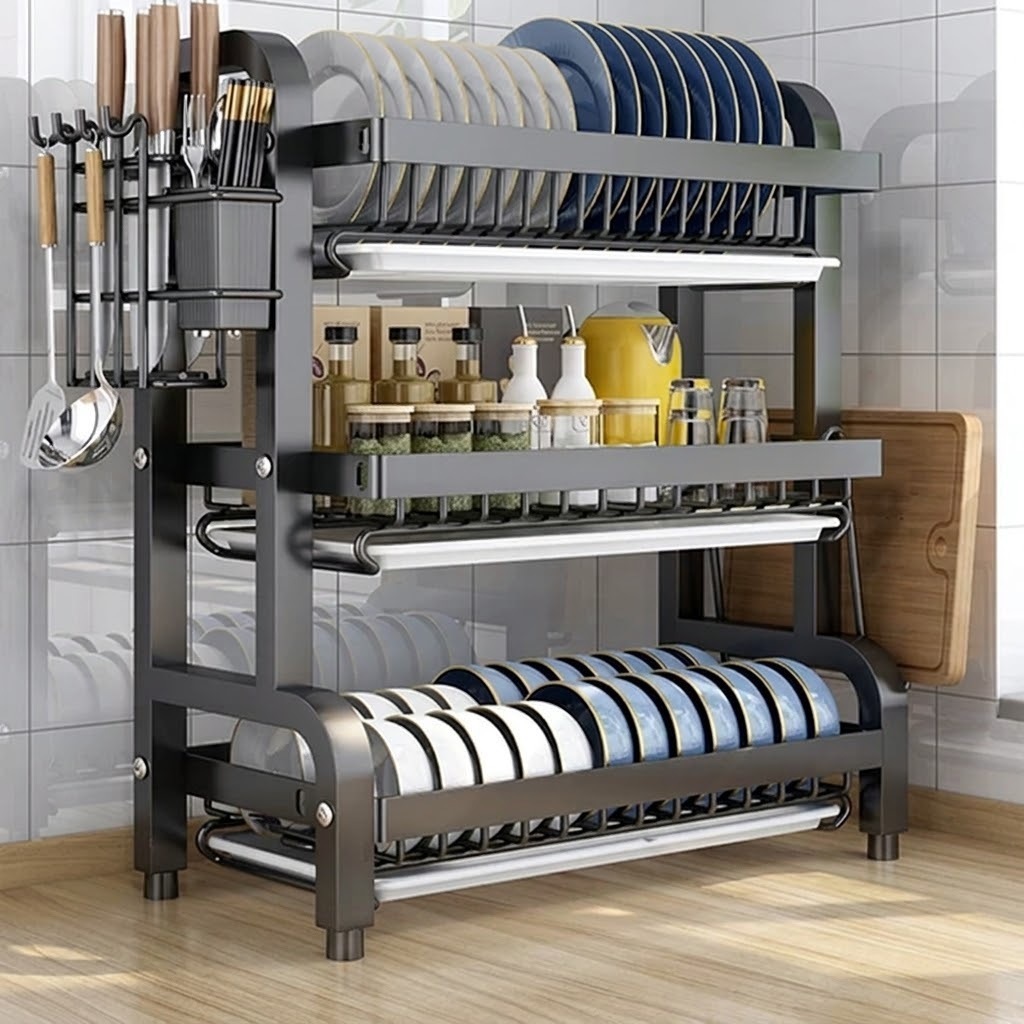 Escorredor de Louças 2/3 Níveis Preto Aço Carbono com Bandeja Plástica Organizador de Cozinha