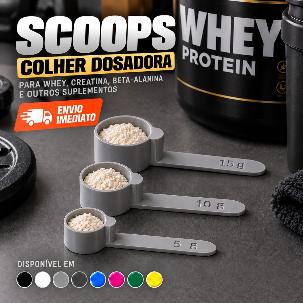 Kit 3 Colheres Scoop Dosadoras 5g 10g 15g Whey Creatina Beta Alanina Várias Cores