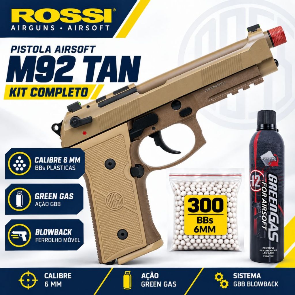 Pistola Rossi M9A4 Tan 6mm GBB Blowback Full Metal + GRENN GAS + 300 BBS