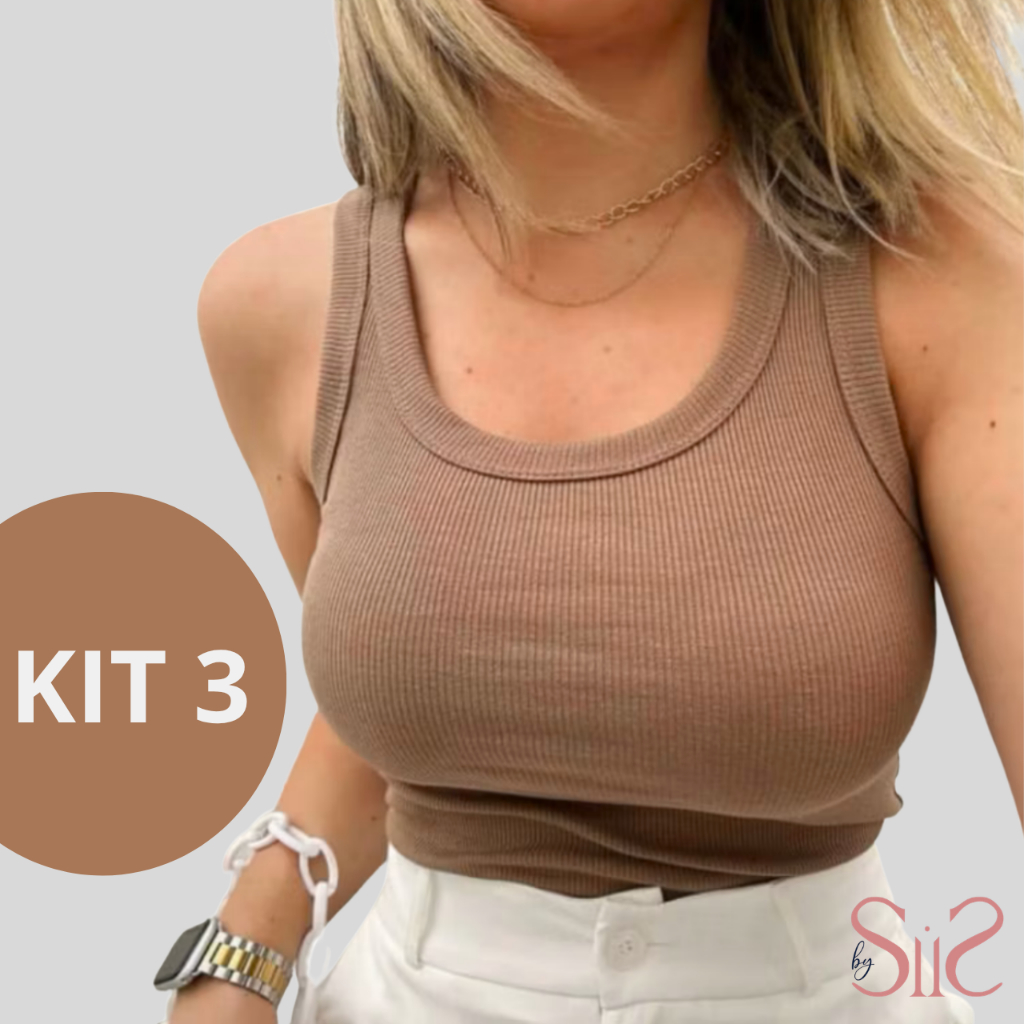 Kit 3 Regatas Femininas Malha Canelada Básica Confortável Lisa Slim 97% Algodão 3% Elástano Dia a Dia