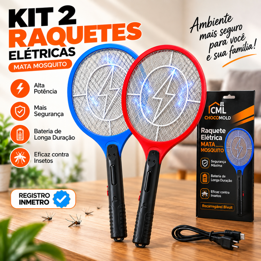 KIT 2 Raquetes Profissional Bivolt 110v~220v Mata Mosca Elétrica Bateria Recarregável Pega Mosquitos Penilogos insetos