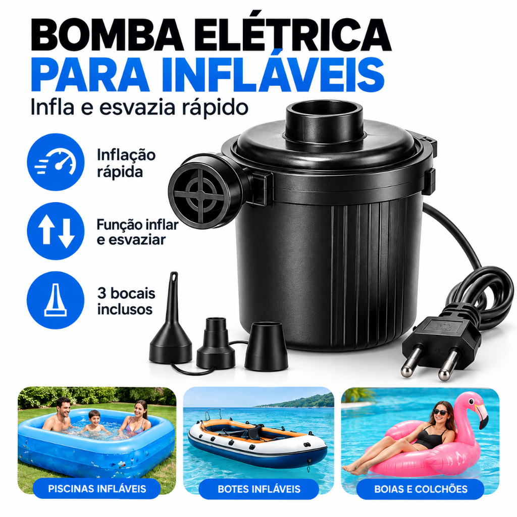Bomba Elétrica Portátil para Infláveis, Encher e Esvaziar Colchão, 220V Boia e Piscina 3 Bicos