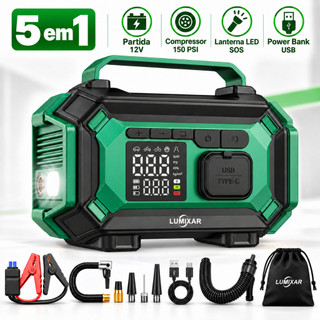 5em1 Auxiliar de Partida e Compressor de Ar Portátil para Carro 12V-Power Bank,Inflador,Carregador Portátil eLanternaSOS