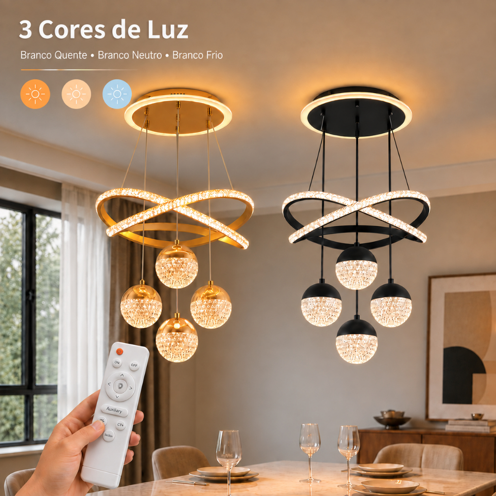 Lustre LED de Cristal Luxo 110V-220V Bivolt 3 Cores com Controle Remoto para Sala e Quarto