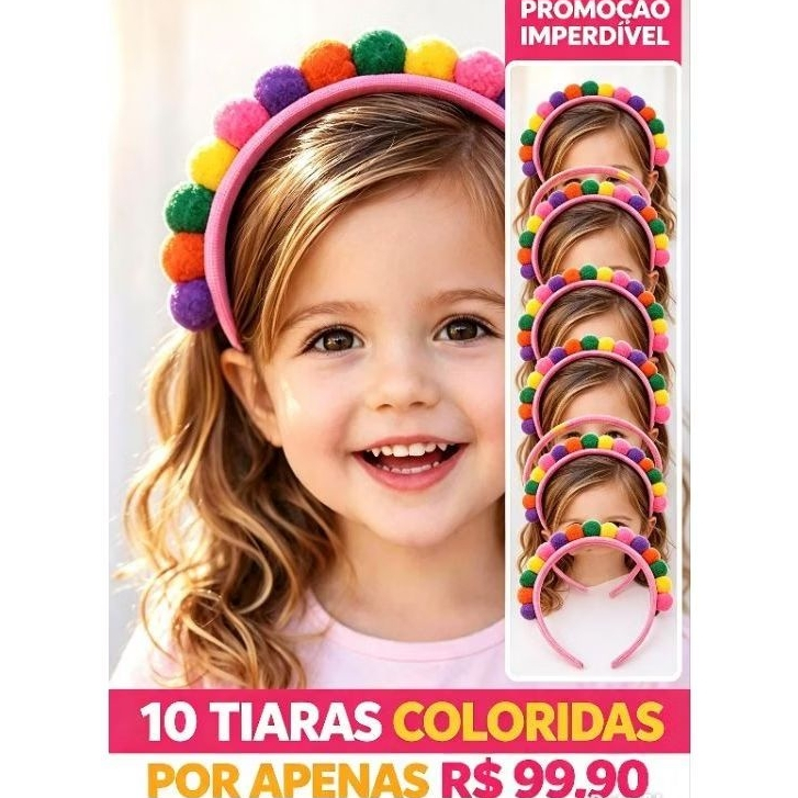 Kit 10  Tiaras de Pompons Grandes e Coloridos Com Cores Alegres Aquinho Menina Tiara Pompom Diadema  Tiaras No Atacado