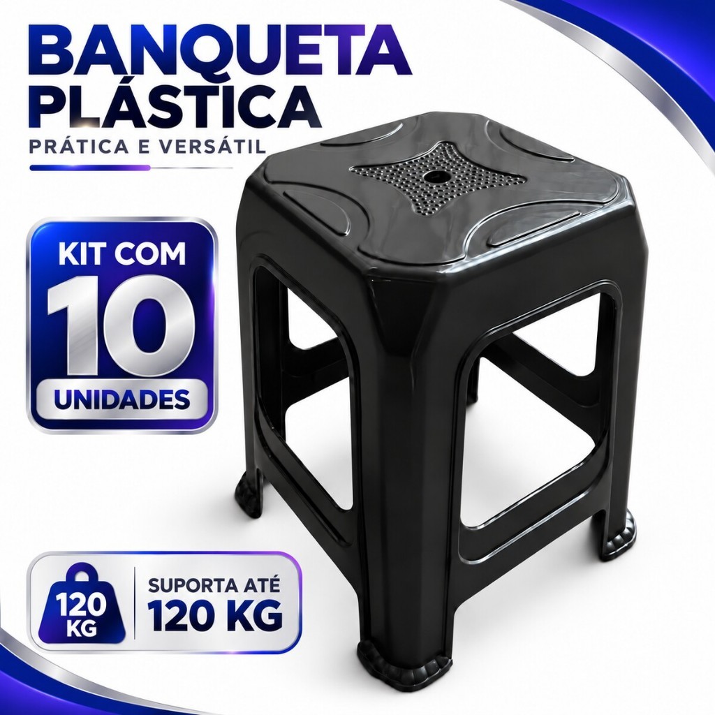 Kit 10 Banqueta Plástica Preta Resistente Empilháveis Adulto Suporta Até 120Kg