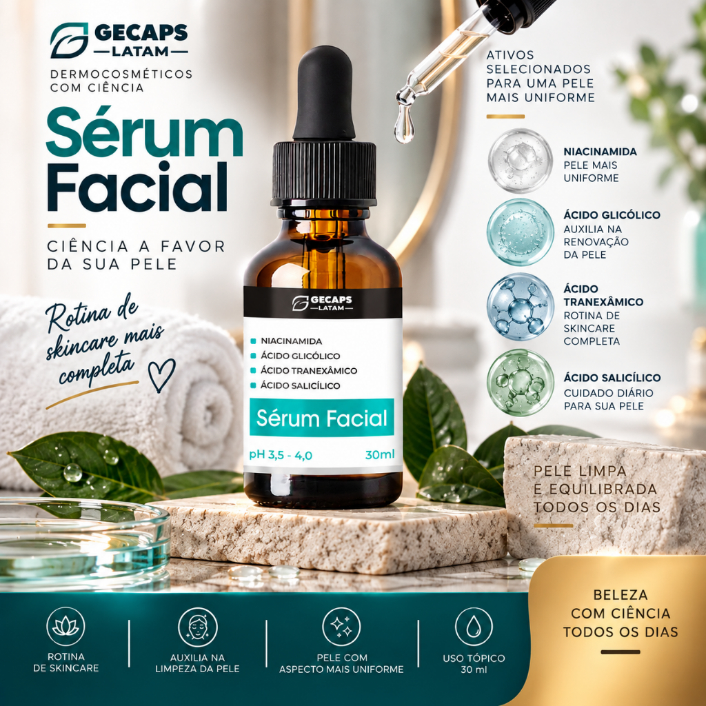 Sérum Clareador de Manchas Facial 30ml - GL (Niacinamida + Glicólico + Ácido Tranexâmico + Ácido Salicílico)
