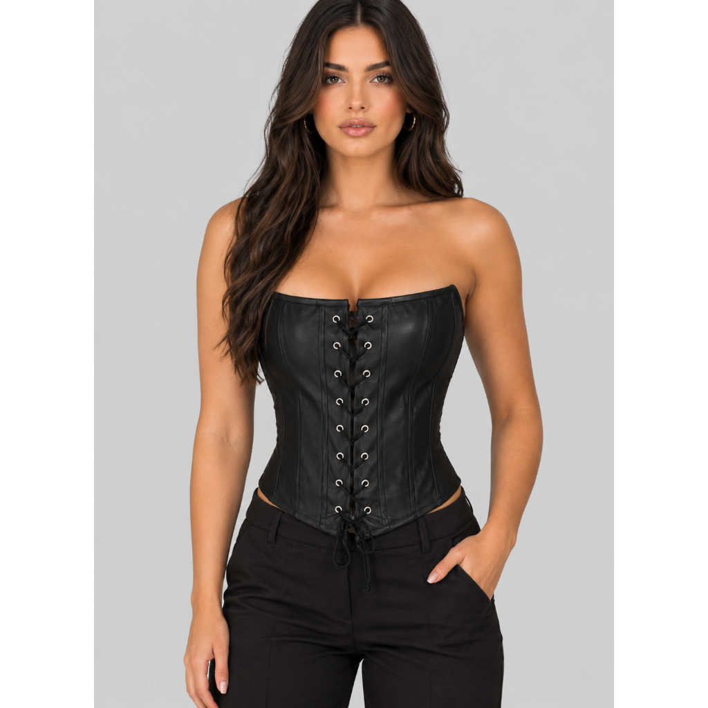 Cropped Corset Feminino Luxe Couro Eco Premium Ajustável Moda Blogueira Elegante Casual Festa Tendência 2026