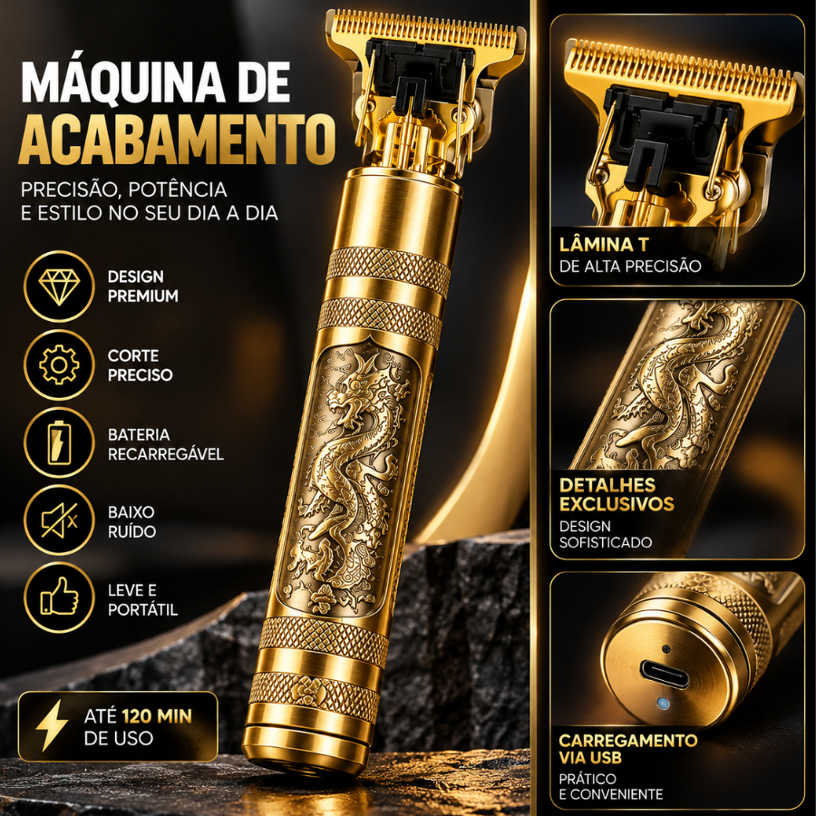 Máquina de Cortar Cabelo Dragão Dourada Profissional Recarregável USB com Lâmina T